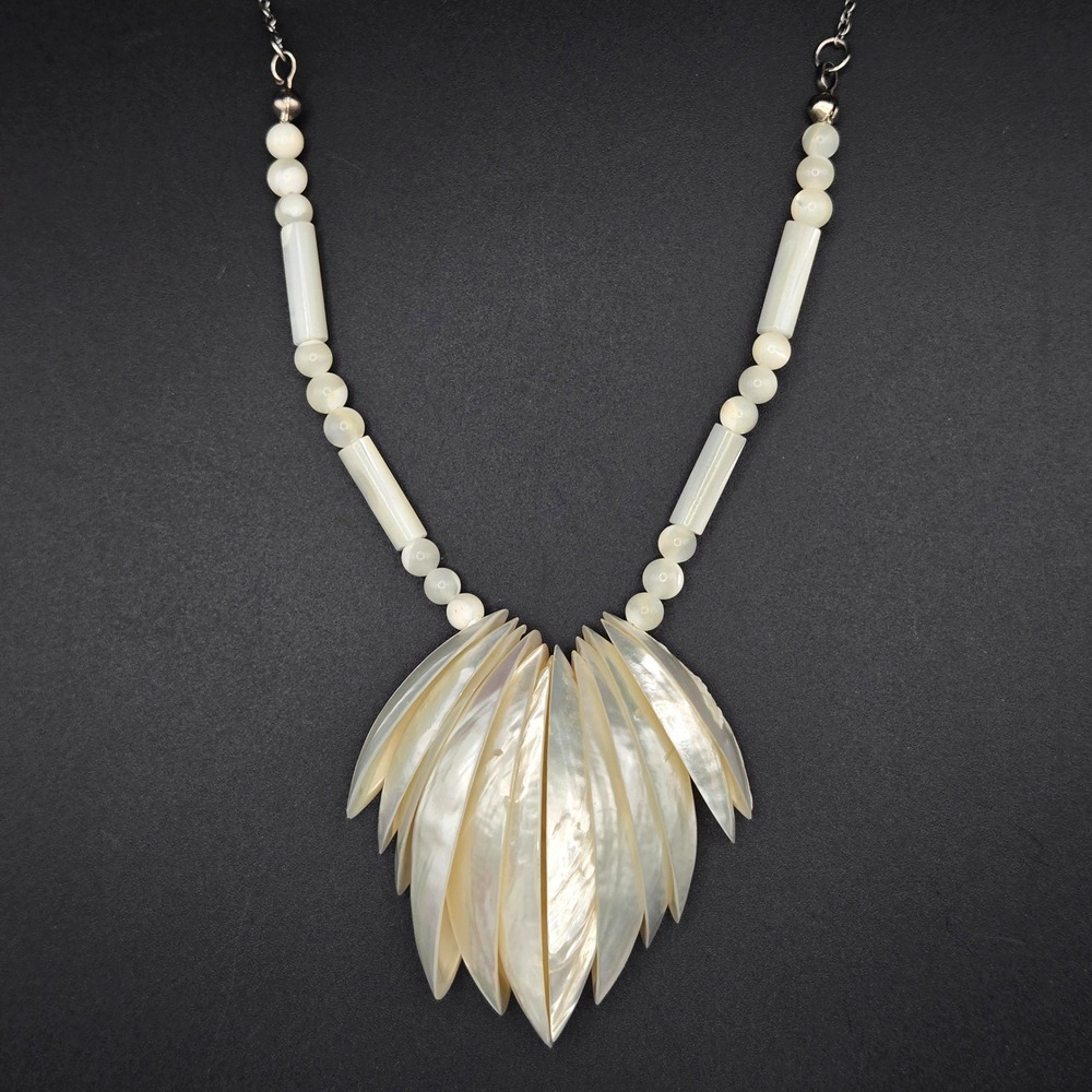 Mother of Pearl Shell Bib Necklace Iridescent Carved Bead Silver Tone Adjustable